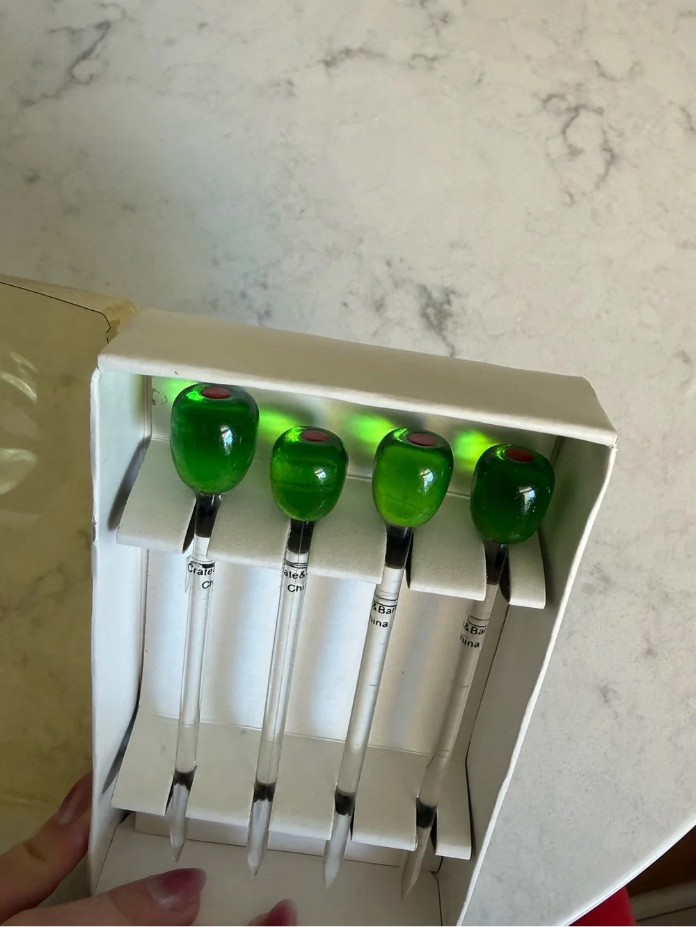Vintage Crate & Barrel set of 4 Glass Olive Cocktail Picks Swizzle Sticks, New